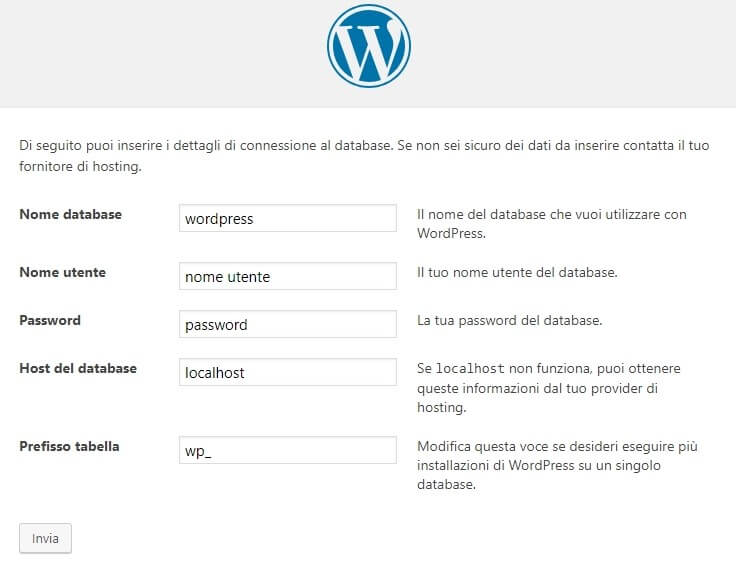 Come installare e configurare un sito WordPress dettagli di connessione