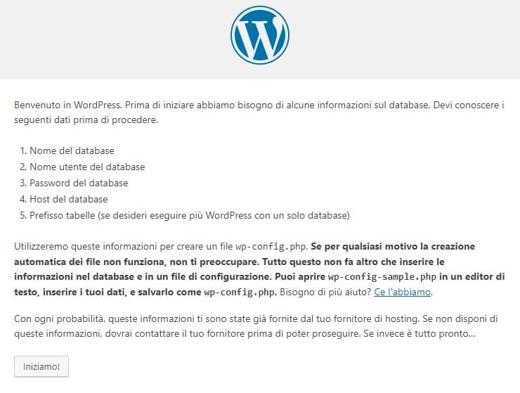 Inserimento dei dati del database WordPress durante l'installazione
