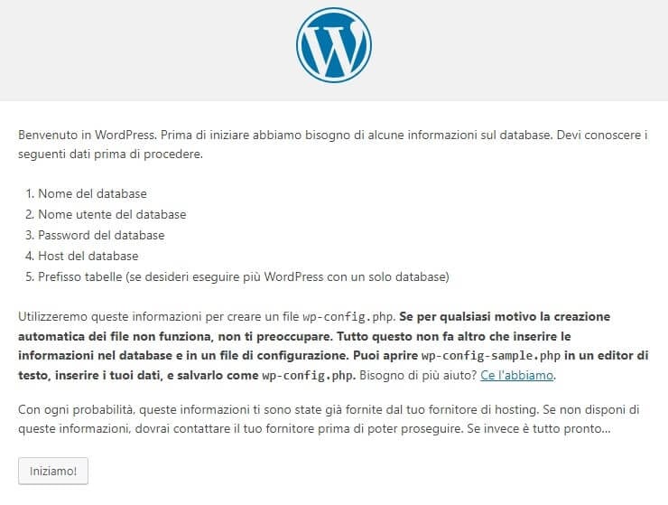 Inserimento dei dati del database WordPress durante l'installazione