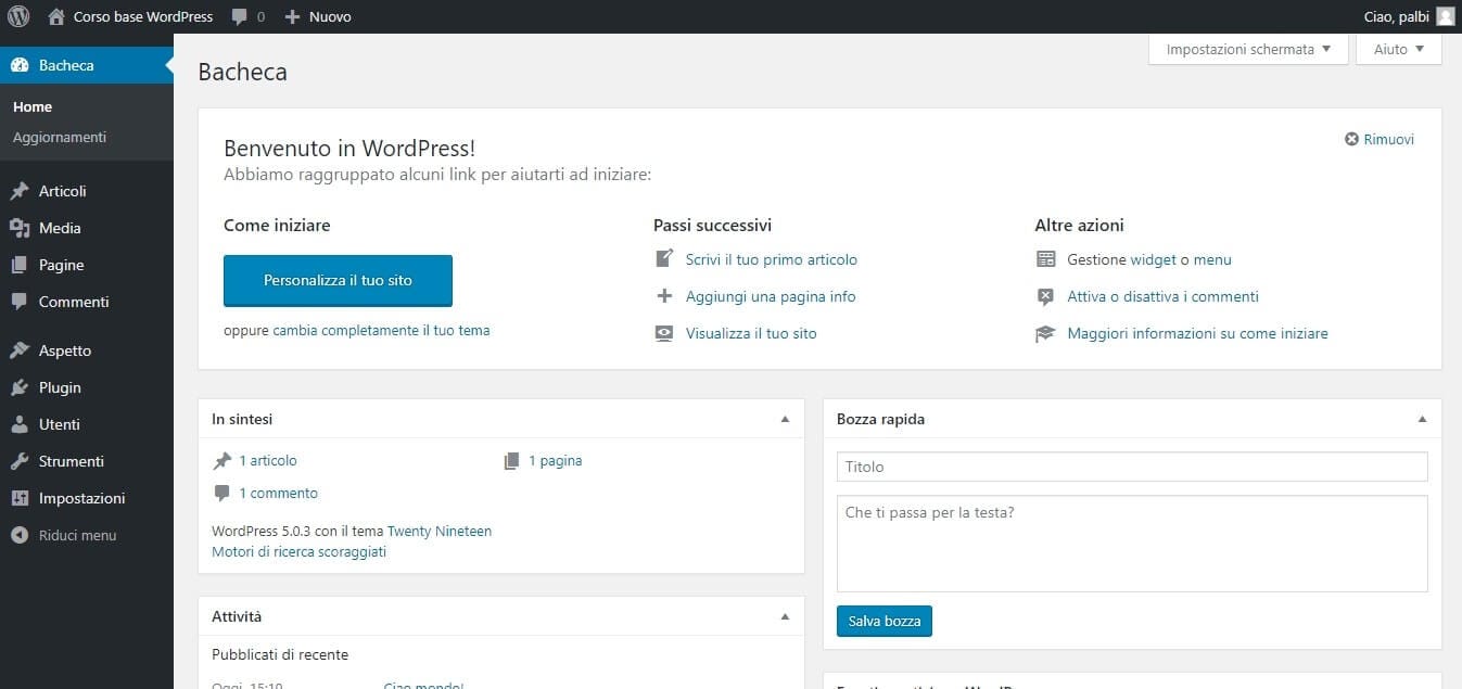 Sito WordPress dopo il primo avvio