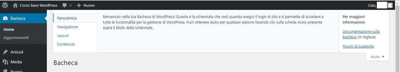 Aiuto dalla dashboard WordPress nella configurazione del sito