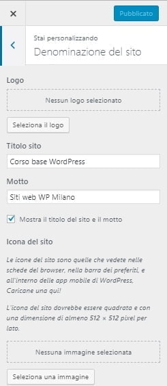Denominazione del sito WordPress con titolo e motto