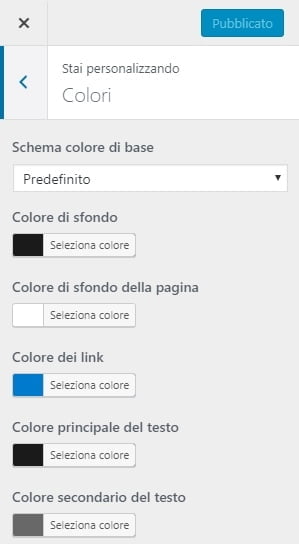 Opzione personalizza aspetto di wordpress colori predefiniti