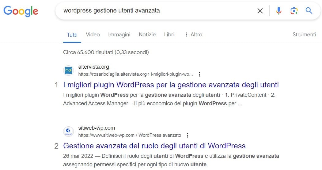 Esempio di posizionamento di una pagina su Google