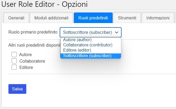 User role editor impostazioni ruoli predefiniti