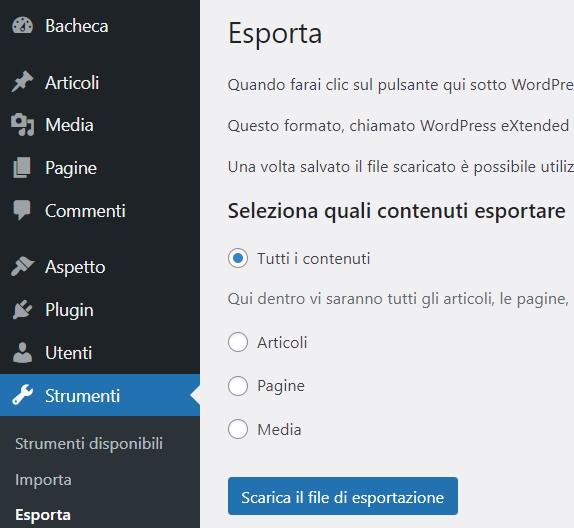 Scegli i contenuti da esportare da un sito WordPress