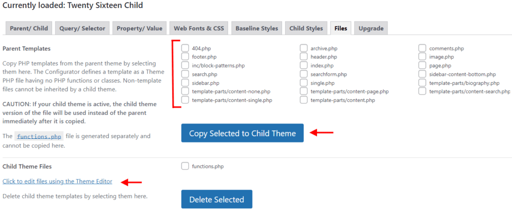 Scegli i file da copiare nel tema child